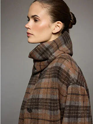 Brown Scarfed Crew Neck Plaid Women's Cashmere Coat - alotasawkli