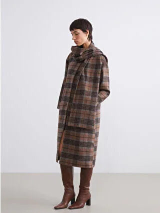 Brown Scarfed Crew Neck Plaid Women's Cashmere Coat - alotasawkli