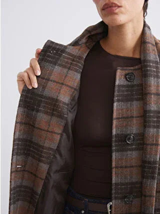 Brown Scarfed Crew Neck Plaid Women's Cashmere Coat - alotasawkli