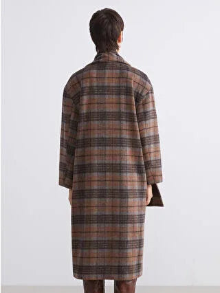 Brown Scarfed Crew Neck Plaid Women's Cashmere Coat - alotasawkli