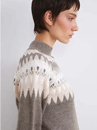 Brown Half Turtleneck Patterned Women's Knit Sweater - alotasawkli