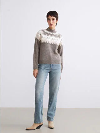 Brown Half Turtleneck Patterned Women's Knit Sweater - alotasawkli