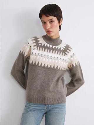 Brown Half Turtleneck Patterned Women's Knit Sweater - alotasawkli