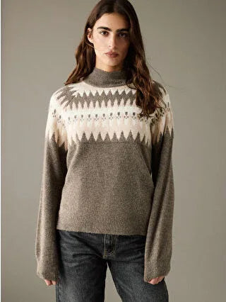 Brown Half Turtleneck Patterned Women's Knit Sweater - alotasawkli