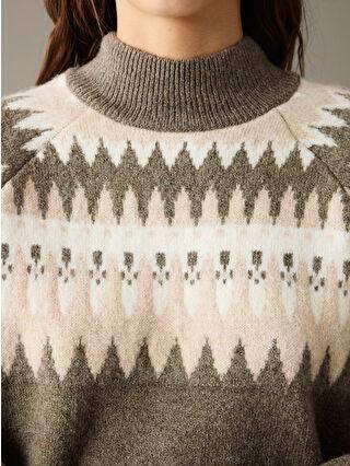 Brown Half Turtleneck Patterned Women's Knit Sweater - alotasawkli