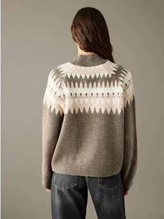 Brown Half Turtleneck Patterned Women's Knit Sweater - alotasawkli