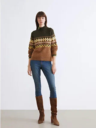 Brown Half Turtleneck Patterned Women's Knit Sweater - alotasawkli