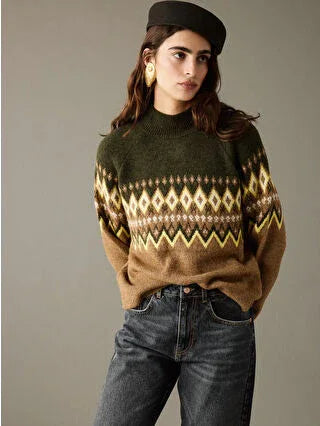 Brown Half Turtleneck Patterned Women's Knit Sweater - alotasawkli