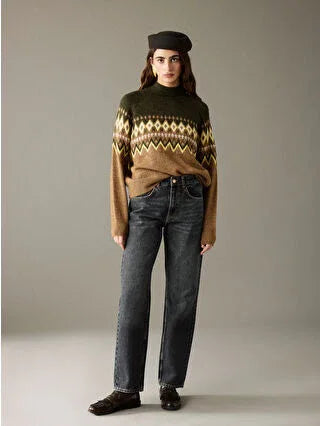 Brown Half Turtleneck Patterned Women's Knit Sweater - alotasawkli