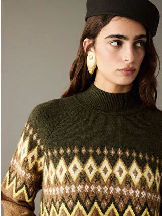 Brown Half Turtleneck Patterned Women's Knit Sweater - alotasawkli
