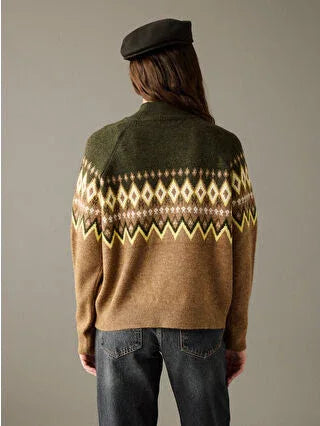 Brown Half Turtleneck Patterned Women's Knit Sweater - alotasawkli