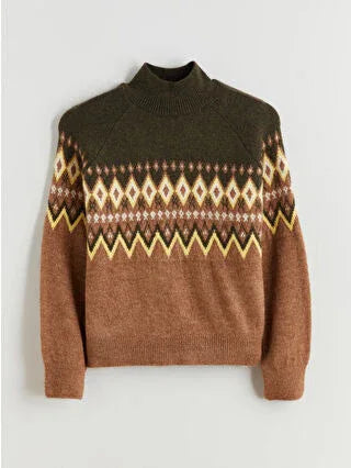 Brown Half Turtleneck Patterned Women's Knit Sweater - alotasawkli