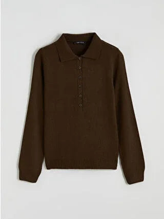 Burgundy Polo Collar Women's Knit Sweater - alotasawkli
