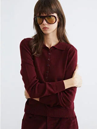 Burgundy Polo Collar Women's Knit Sweater - alotasawkli
