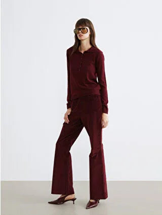 Burgundy Polo Collar Women's Knit Sweater - alotasawkli