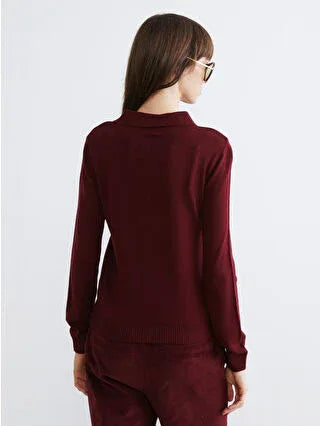 Burgundy Polo Collar Women's Knit Sweater - alotasawkli