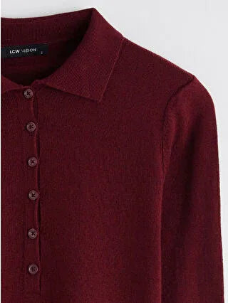 Burgundy Polo Collar Women's Knit Sweater - alotasawkli