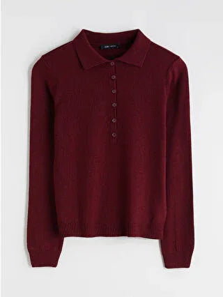 Burgundy Polo Collar Women's Knit Sweater - alotasawkli