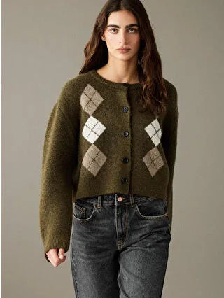Green Baklava Pattern Women's Knitted Cardigan - alotasawkli