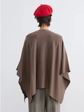 Beige Crew Neck Oversize Women's Knitted Poncho - alotasawkli