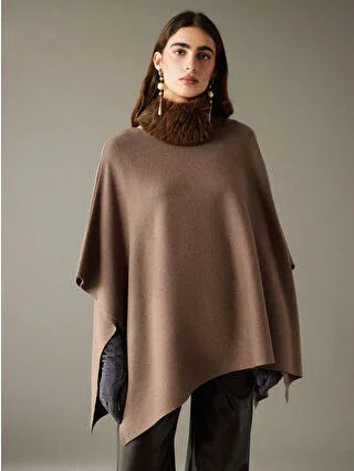 Beige Crew Neck Oversize Women's Knitted Poncho - alotasawkli