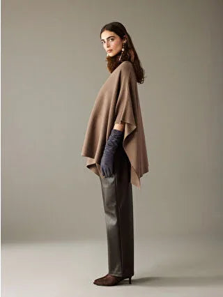 Beige Crew Neck Oversize Women's Knitted Poncho - alotasawkli