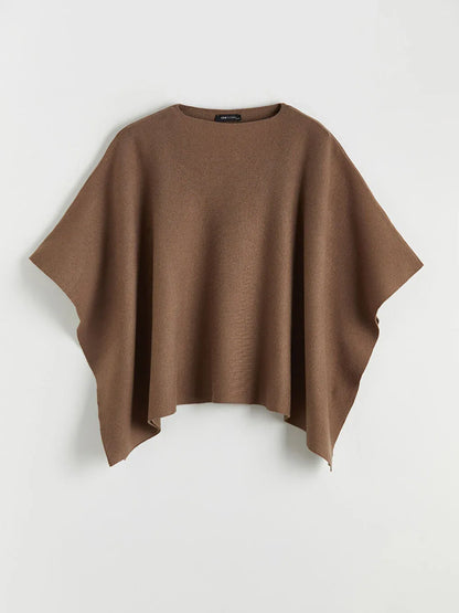 Beige Crew Neck Oversize Women's Knitted Poncho - alotasawkli