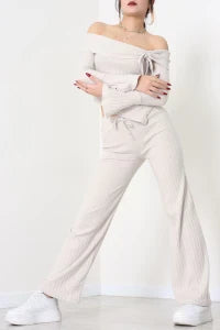Smoky Grey Off-the-Shoulder Interlock Set