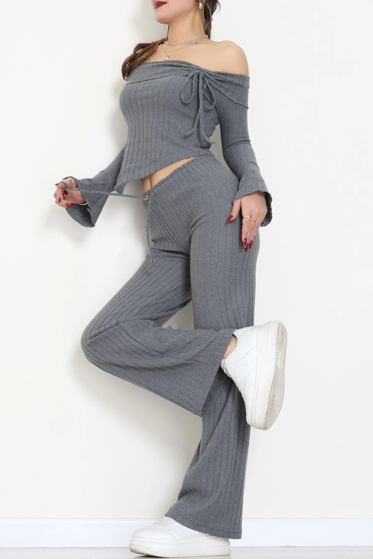 Smoky Grey Off-the-Shoulder Interlock Set
