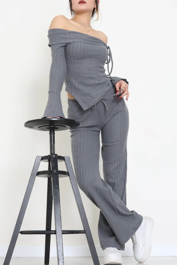 Smoky Grey Off-the-Shoulder Interlock Set