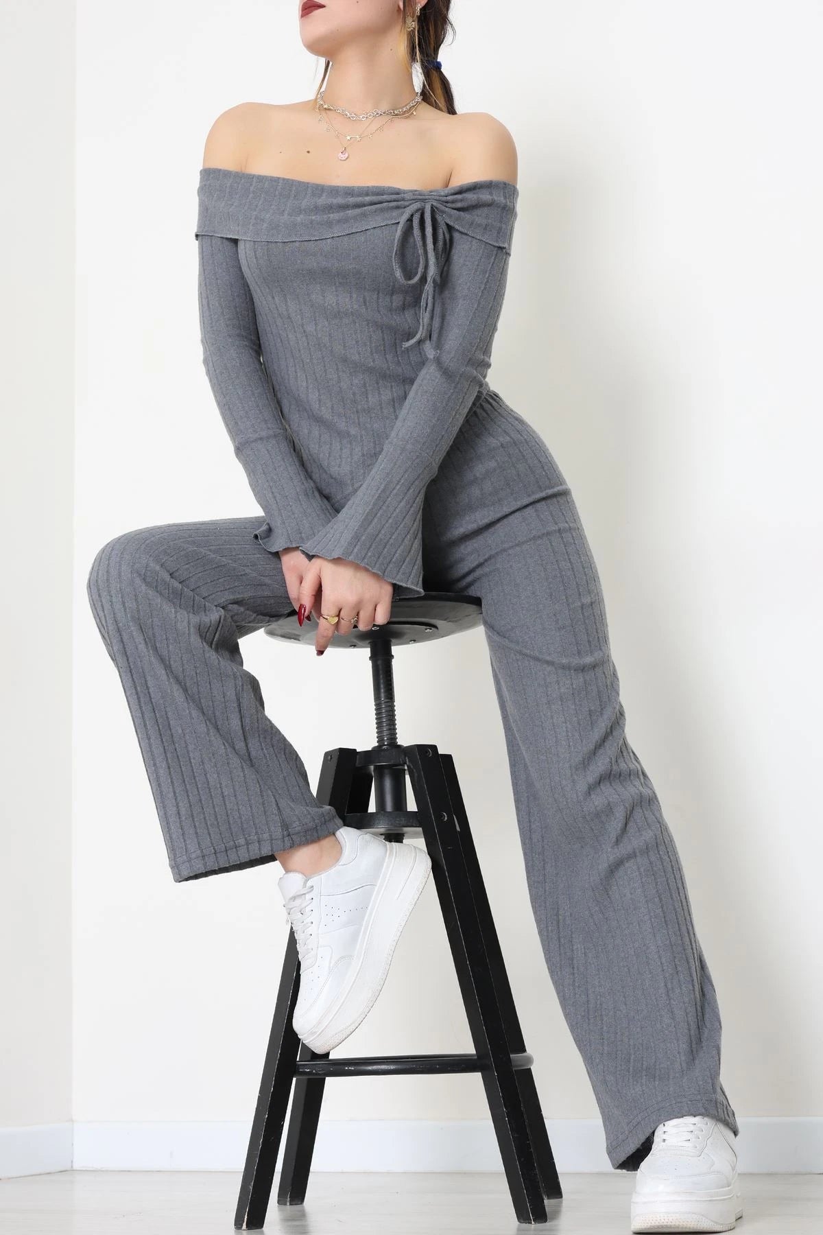 Smoky Grey Off-the-Shoulder Interlock Set