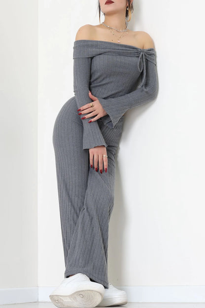 Smoky Grey Off-the-Shoulder Interlock Set