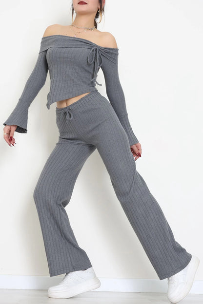 Smoky Grey Off-the-Shoulder Interlock Set