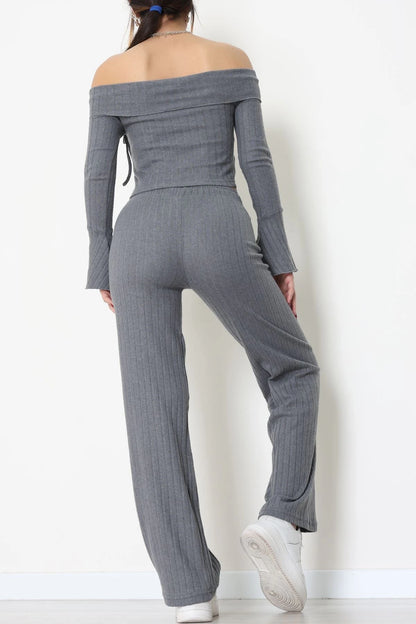 Smoky Grey Off-the-Shoulder Interlock Set