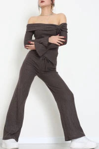 Smoky Grey Off-the-Shoulder Interlock Set