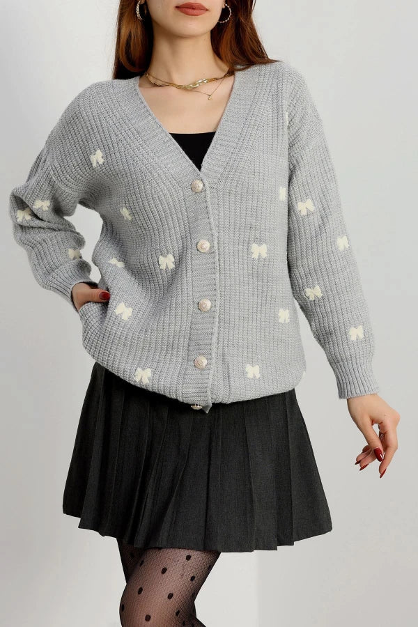 Women’s Embroidered Knit Cardigan – Grey & Latte
