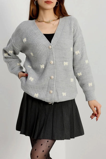 Women’s Embroidered Knit Cardigan – Grey & Latte