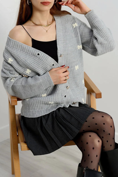 Women’s Embroidered Knit Cardigan – Grey & Latte