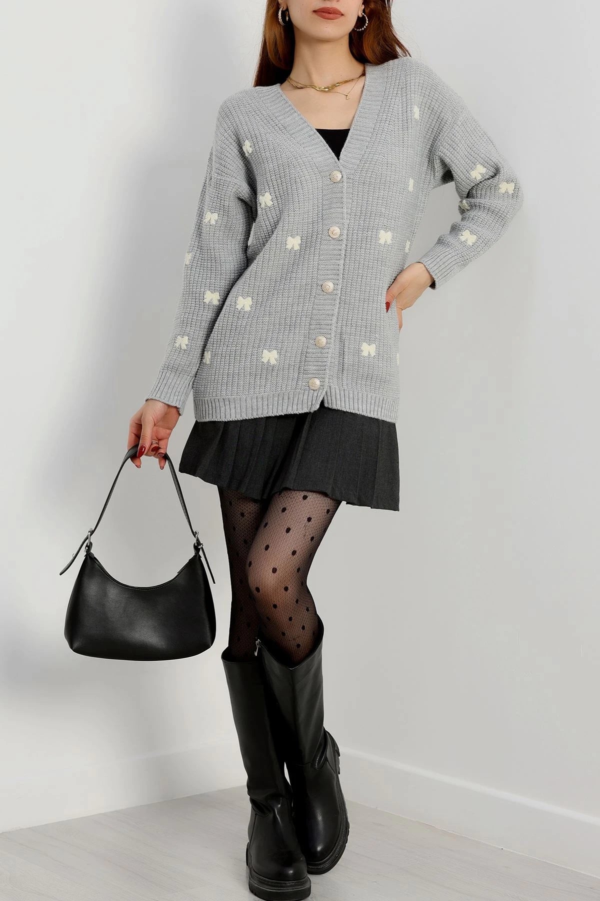 Women’s Embroidered Knit Cardigan – Grey & Latte