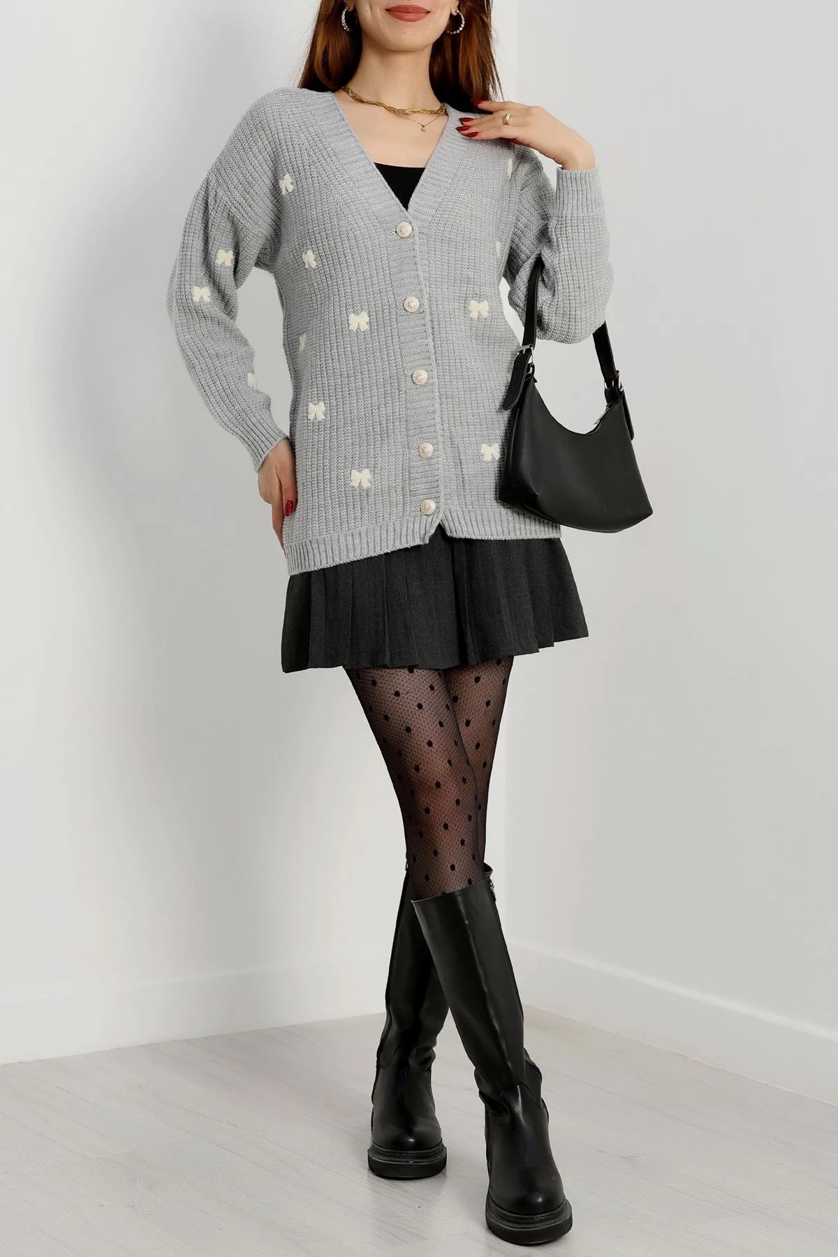 Women’s Embroidered Knit Cardigan – Grey & Latte