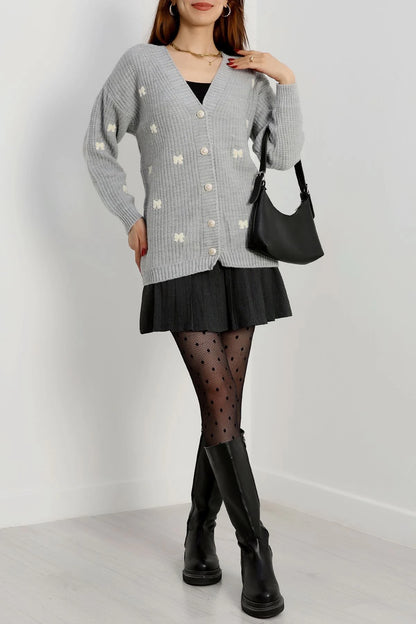 Women’s Embroidered Knit Cardigan – Grey & Latte