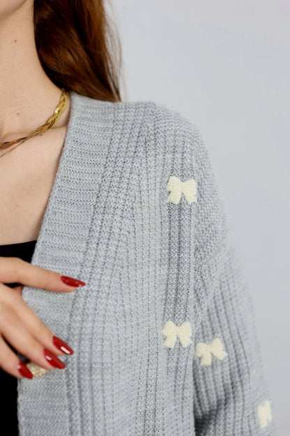 Women’s Embroidered Knit Cardigan – Grey & Latte