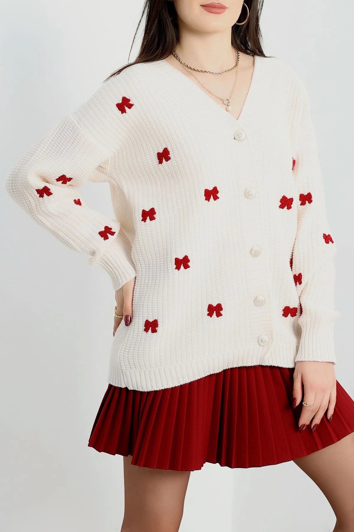 Women’s Embroidered Knit Cardigan – Grey & Latte