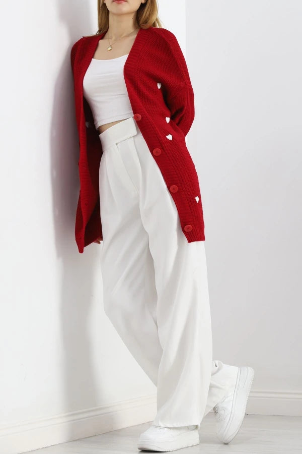 Women’s Heart Embroidered Knit Cardigan – Red & White