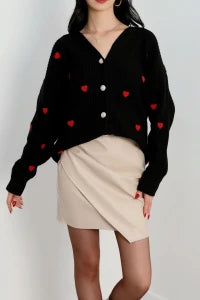 Women’s Heart Embroidered Knit Cardigan – Red & White