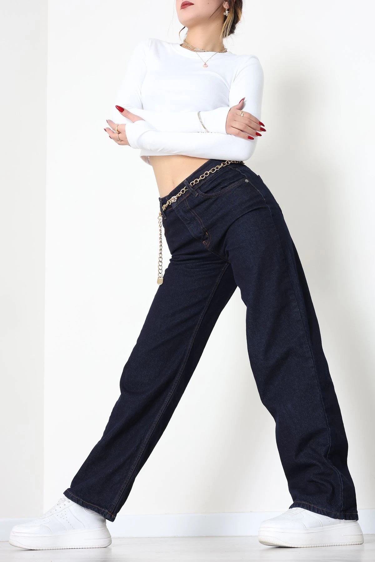 Dark Navy High-Waist Palazzo Jeans