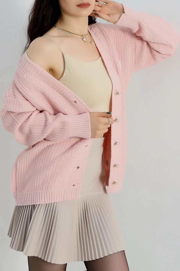 Women’s Pom-Pom Detail Knit Cardigan – Pink