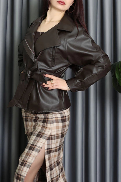 Premium Lined Tie-Waist Leather Jacket in Brown