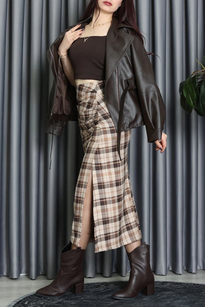 Premium Lined Tie-Waist Leather Jacket in Brown