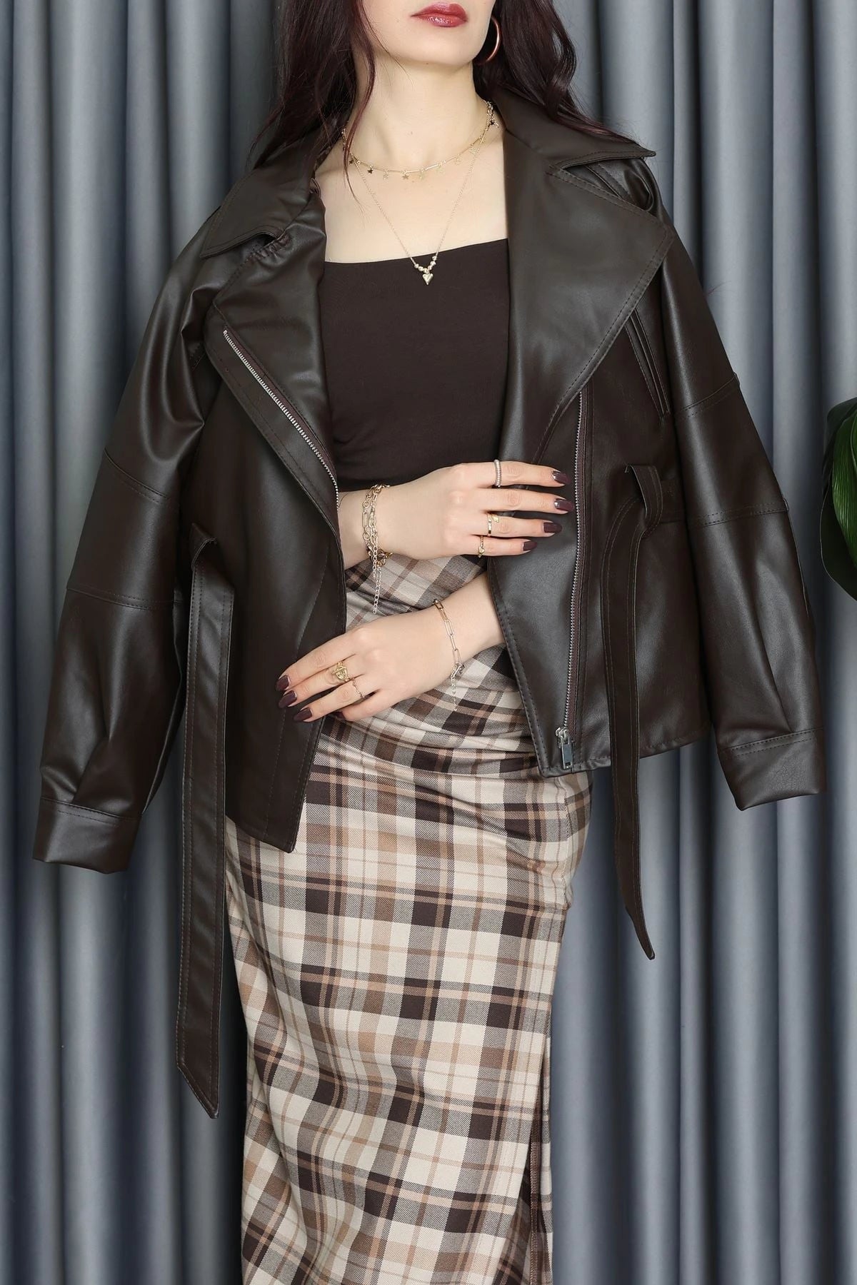 Premium Lined Tie-Waist Leather Jacket in Brown